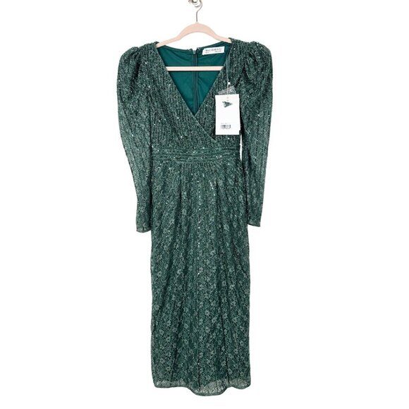NWT Mac Duggal Beaded Lace Long Sleeve Midi Dress Deep Green 2 #8541 - Picture 3 of 8